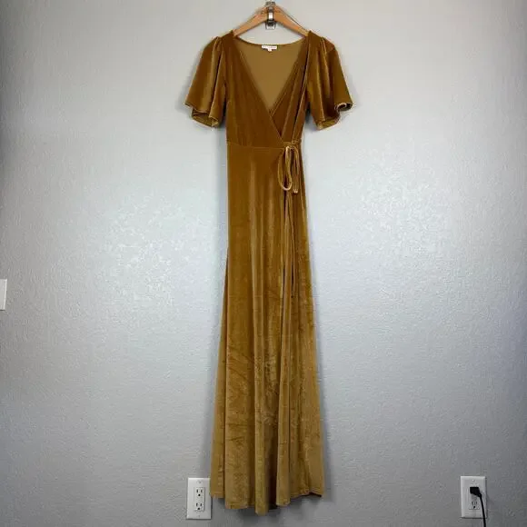 Baltic Born Meghan Gold Velvet Short Sleeve Maxi Full Wrap Dress XS Golden Hour - Picture 2 of 10